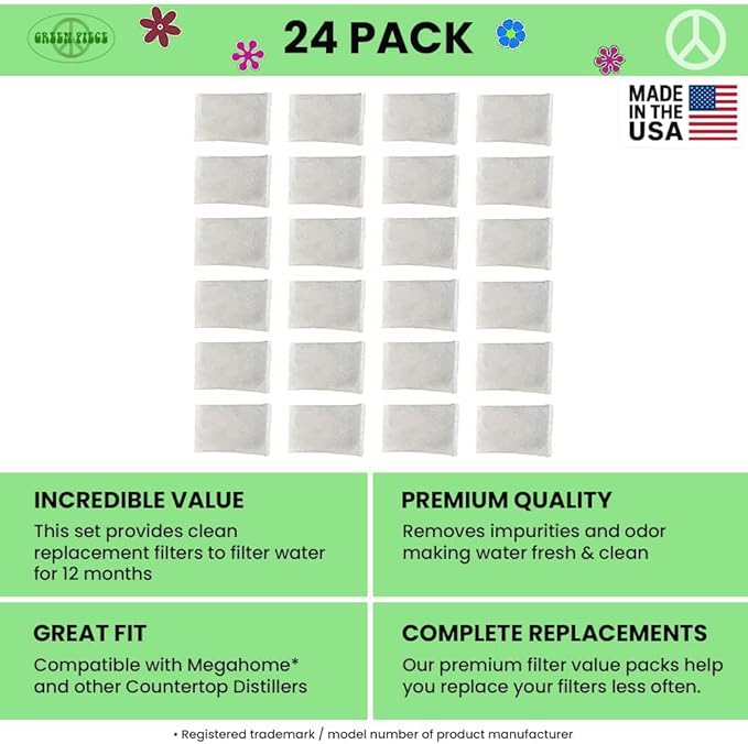 Green Piece® 24 Pack Distiller Filters – Activated Charcoal Carbon Sachets | Odor & VOC Absorbing Water Filters Compatible with Megahome & Countertop Distillers | Made in USA