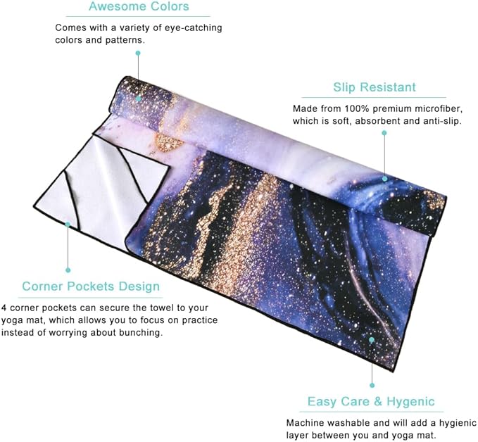QIYI Large Yoga Mat Towel with Corner Pockets, Non Slip Sweat Absorbent Hot Yoga Towels, Soft Yoga Blankets with Travel Bag, Skidless Mat Cover for Workout, Gym, Fitness - 74"x26", Purple & Pink Grain