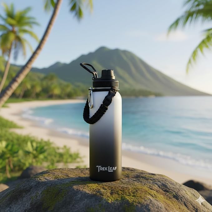 Travel Water Bottle with Carrying Bag, 3 Lids (Spout, Straw, Handle), and Bottle Brush; Leak Proof, Quality, Vacuum Insulated, Stainless Steel (Day & Night, 40 oz)