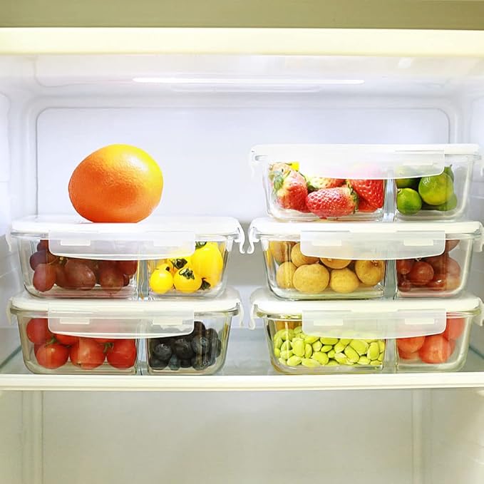 DAS TRUST 3 Pack Glass Food Storage Containers 2 Compartments Glass Meal Prep Containers with Lids for Adult Food Prep Containers with Divider Reusable Lunch Bento Box