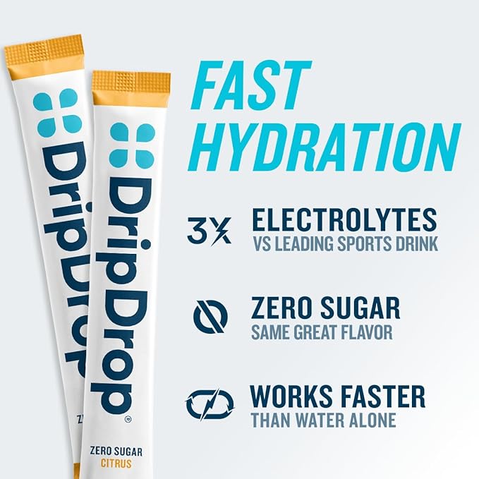 DripDrop Sugar Free Hydration Packets - Zero Citrus Variety Pack - Single Serve Electrolytes Powder Drink Mix - Cherry Limeade, Citrus, Orange, Strawberry Lemonade - Non-GMO, Gluten Free - 32 Sticks