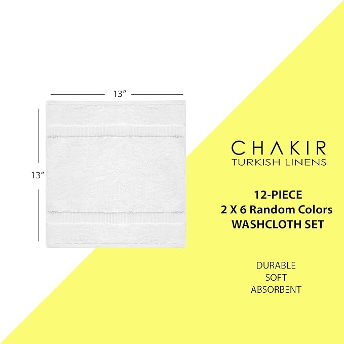 Chakir Turkish Linens Hotel & Spa Quality, Highly Absorbent 100% Cotton Turkish Washcloths (2 X 6 Random Colors - Set of 12)