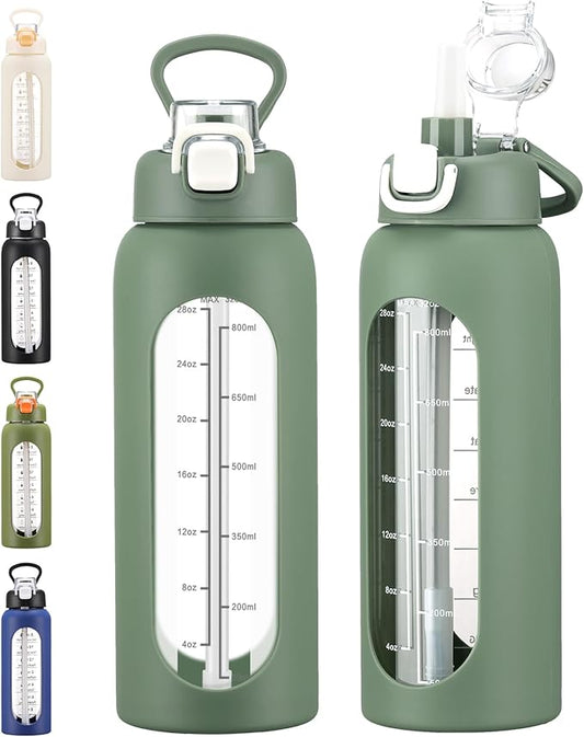 32 oz Glass Water Bolttles with Straw Large Motivational Water Bottle with Time Marker Sports Water Bottles with Silicone Sleeve and Handle Lid Water Jug for Gym Workout