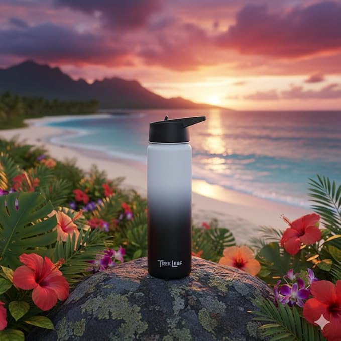 Travel Water Bottle with 3 Lids (Spout, Straw, Flip) Leak Proof, Quality, Vacuum Insulated, Stainless Steel (Day & Night, 22 oz)