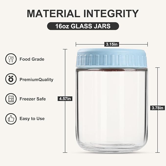 Overnight Oats Containers with Lids, 16oz Glass Jars with Lids 4 pcs, Light Blue, Wide Mouth Mason jars for Salad, Yogurt, Snacks, Meal Prep