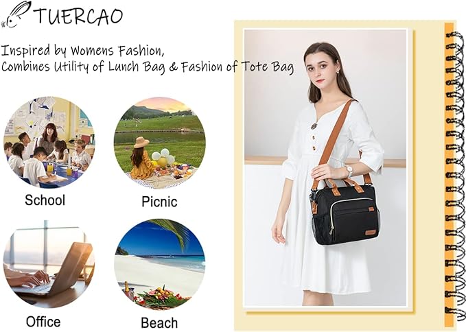 Black Lunch Box for Women Insulated Lunch Bag for Work - Adult Stylish Lunch Tote Bag for Shopping Soft Cooler for Beach Picnic Travel