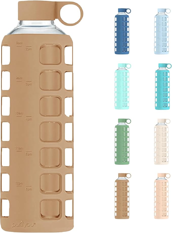purifyou 40oz / 32oz / 22oz / 12oz Borosilicate Glass Water Bottle with Time & Volume Markers, Silicone Sleeve, Stainless Steel Lid | Reusable Glass Bottle for Water & Juice (40oz Iced Coffee)