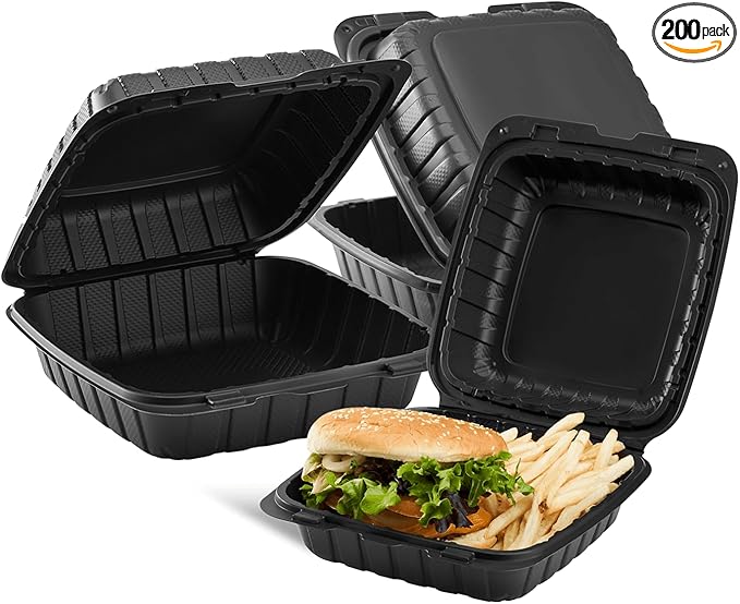 KARAT EARTH Clamshell Take Out Food Containers [8"x8" - 200 ct] To Go Containers | Microwavable, Freezer Safe, Soak-Resistant, Durable, Stackable | Vented for Hot/Cold Foods, Black