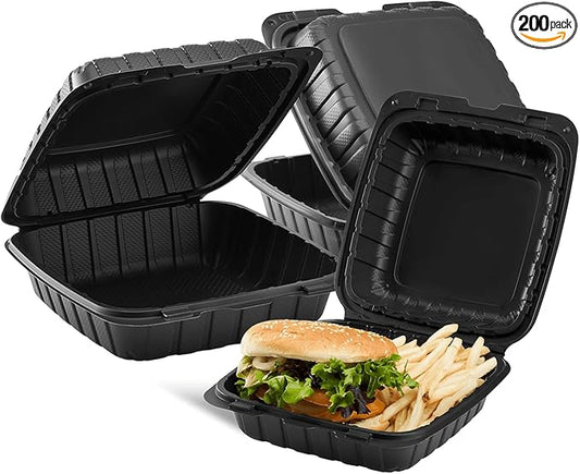 KARAT EARTH Clamshell Take Out Food Containers [8"x8" - 200 ct] To Go Containers | Microwavable, Freezer Safe, Soak-Resistant, Durable, Stackable | Vented for Hot/Cold Foods, Black