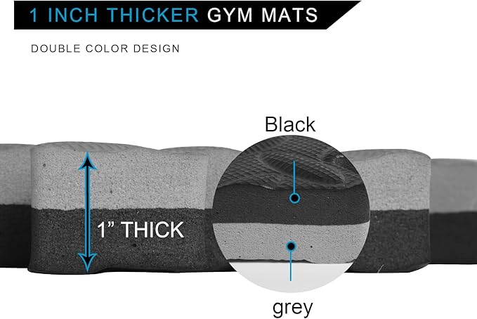 1 in Thick 48 Sq Ft EVA Foam Exercise Gym Mats 12 Pcs - Interlocking Puzzle Floor Tiles for Home Gym Heavy Workout Equipment Flooring - 24 x 24in Tile, Black & Gray