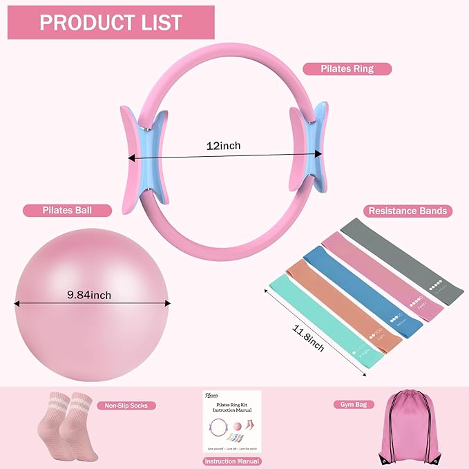 Home Pilates Essentials Kit for Women Pink Ring and Ball Pilates Set Equipment, Magic Circle with 5 Resistance Bands Premium Accessories Kits for Starter Toning Workouts at Home