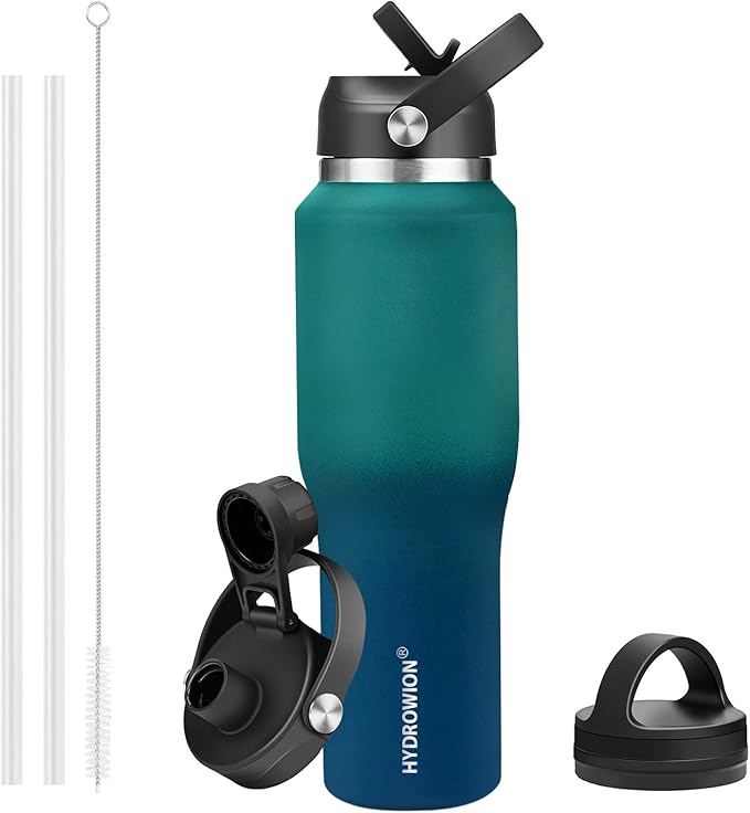 HYDROWION Water Bottle Stainless Steel,Vacuum Insulated Leak Proof Tumbler 32oz with Straw Lid, Spout Lid and Flex Cap(Cold for 48 Hrs, Hot for 24 Hrs), Fit in Any Car Cup Holder, Green - Blue