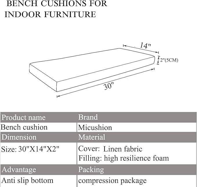 30 x14 inch Piano Bench Cushion for Indoor Shoe Storage Non Slip Picnic Bench Pad for Kitchen Dining Table Seat, Light Grey