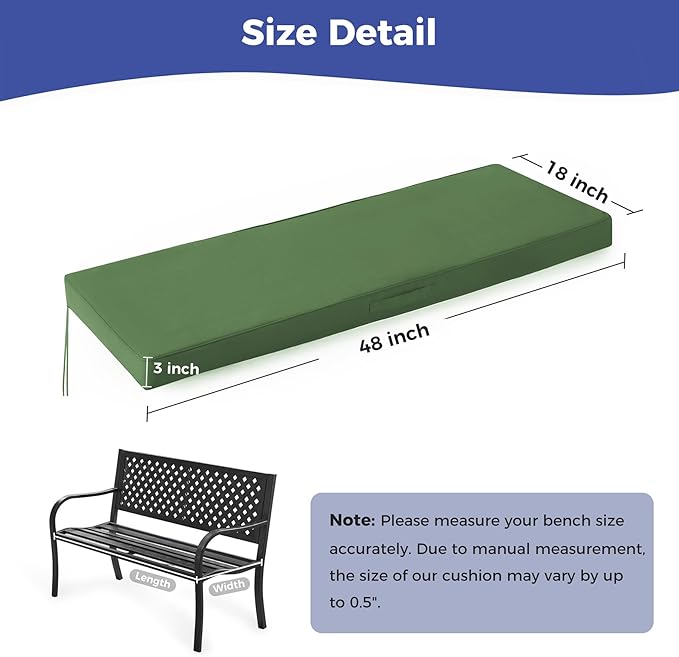 Outdoor Bench Cushions for Outdoor Furniture, 48x18x3 Inch, Waterproof Bench Pillow, Fade Resistant Long Bench Seat Pads for Garden, Indoor, Porch Swing, Army Green