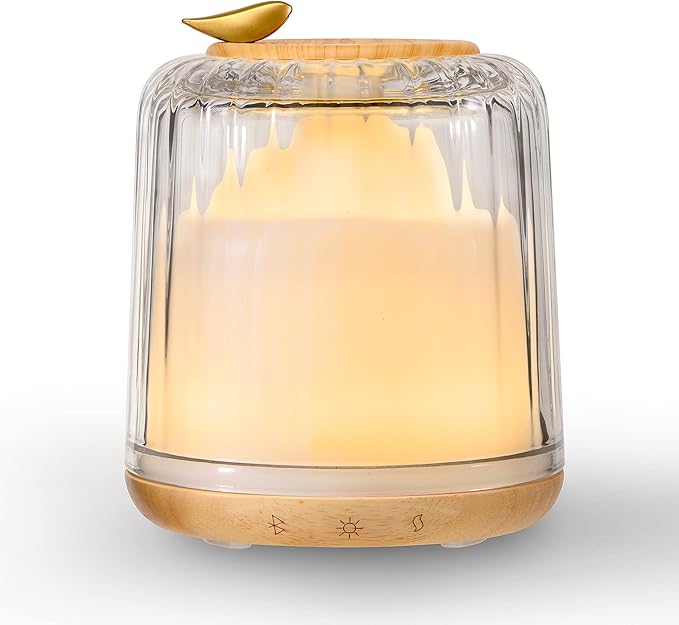 Essential Oil Diffusers, Glass and Real Wood Base Ultrasonic Aromatherapy Diffuser Aroma Defusers for Home Large Room 230ml with Bluetooth Speaker Music Player Colorful Led Light