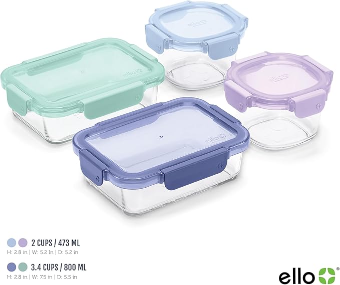 Ello Color Lock 8PC Mixed Glass Food Storage Sets, Leak-Proof Glass Food Storage Containers with Airtight BPA-Free Plastic Lids, Dishwasher, Microwave, and Freezer Safe, Purple Rain