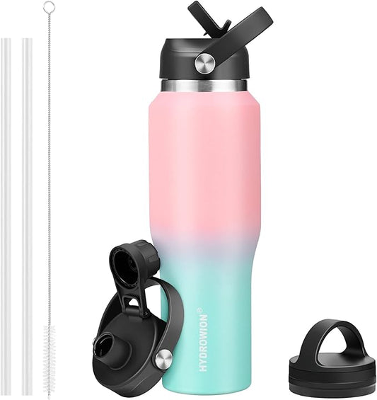 HYDROWION 32oz Water Bottle, Double Wall Vacuum Stainless Steel Insulated Water Flask with Straw Lid, Spout Lid and Flex Cap(Cold for 48 Hrs, Hot for 24 Hrs), Leakproof Travel Thermo Mug, Pink&Blue
