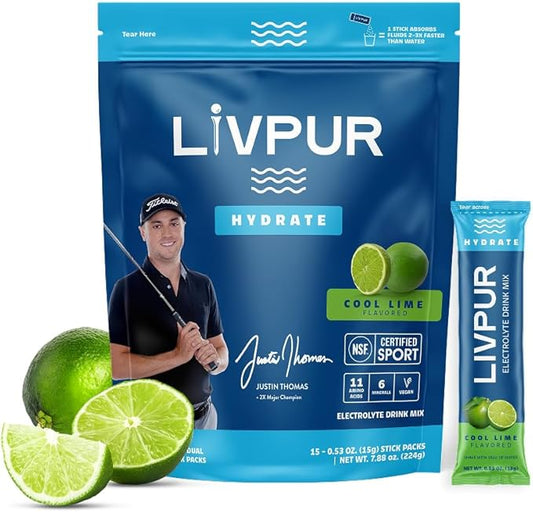 LivPur Electrolyte Drink Mix, Instant Hydration Powder with Vitamin C, B6, B12 & Essential Amino Acids for Muscle Support & Immune Health, Sports Essentials, Cool Lime Flavor, 15 Stick Packs