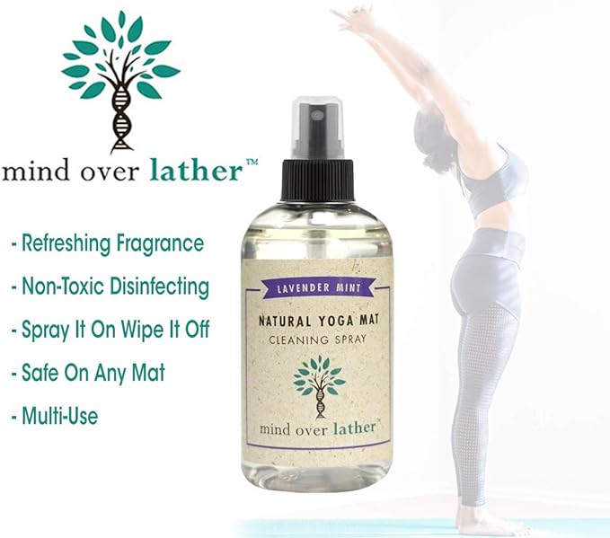 Mind Over Lather 100% Natural Yoga Mat Cleaning Spray 8oz | Works with All Mats | Cleans and Restores Using Essential Oils Naturally | Calming Lavender Mint