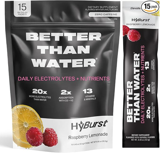 Electrolyte & Vitamin Supplement Powder, Drink Mix with B12, L-Theanine, D3, K2, Zinc, Magnesium, Potassium, Supports Calm Focus & Energy, Raspberry Lemonade, 15 Pack