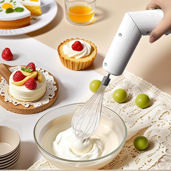 Cordless Hand Mixer, Foldable Design Handheld Electric Whisk with 3 Speed Modes, Hand Held Egg Beater with 2 Detachable Stir Whisks (White)