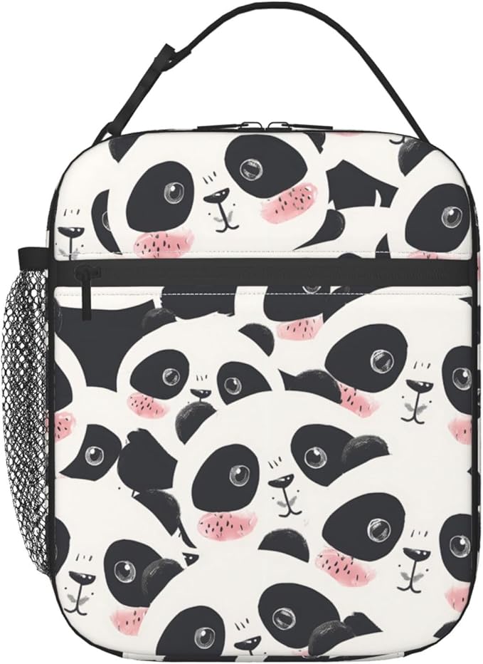 Cute Panda Face Lunch Box for Kids Adults, Tote Bag with Adorable Black and White Animal Print, Insulated Lunchbox Gifts, Reusable Cooler Lunchboxes for Office, School, Picnic, Travel