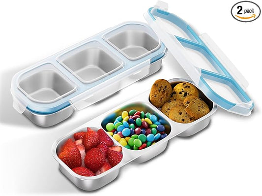 Stainless Steel Snack Containers for Kids Adults, 2 Pack 3 Compartment Metal Snack Containers Box with Lid, Reusable Food Storage Container, Leak Proof, Grab and Go, Blue