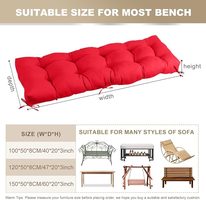 Outdoor Bench Cushion 60inches Waterproof & Fade Resistant Patio Furniture Cushions Tufted Fresh Porch Swing Lounger Loveseat Pads with Straps(Red-60x20in)