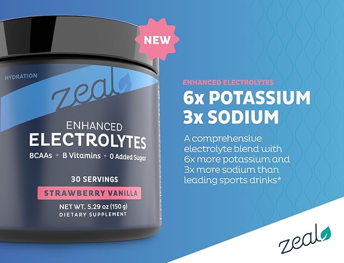 Zeal Electrolyte Powder Recovery Drink (30 Servings | Strawberry Vanilla) w 0 Sugar +BCAAs +B-Vitamins Electrolyte Supplement w Potassium Zinc & Magnesium for Hydration - Keto Electrolytes