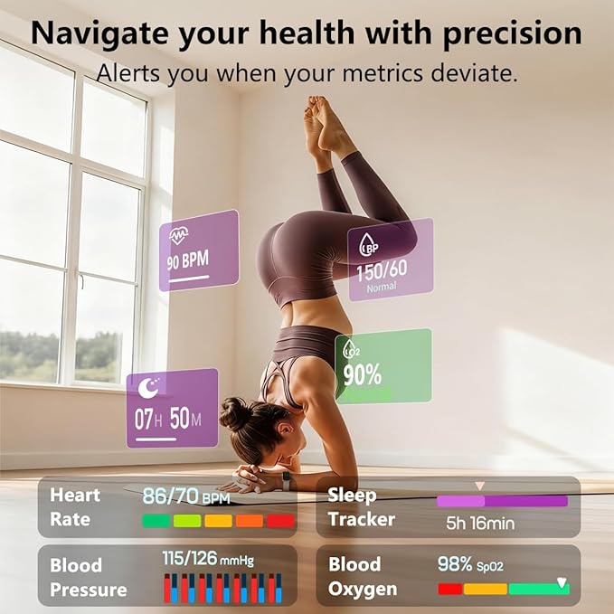 MorePro Health Fitness Tracker with Blood oxy-gen Monitor and 24/7 Heart Rate and Blood Pressure, Sleep Monitor, 120+ Sport Modes Waterproof Fitness Watch for Women Men Android iOS, Gold