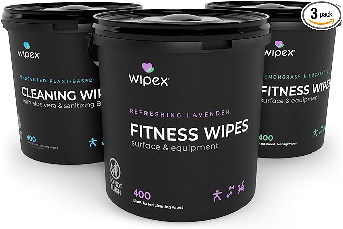 Wipex Gym Cleaning Wipes Bundle - Get 3 Buckets (1) Lavender, (1) Lemongrass Plant-Based Fitness Equipment Wipes and (1) Sanitizing BZK Bucket for Hands, Use at home or Gym, 400 Count (Pack of 3)