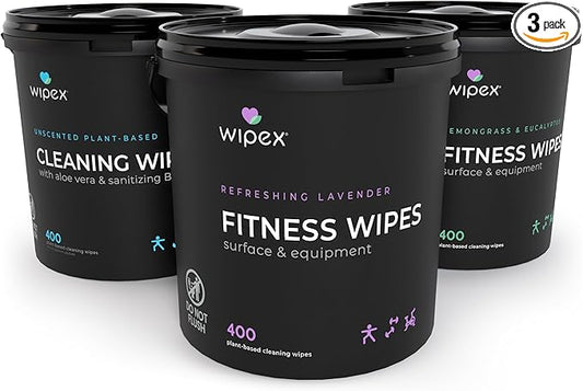 Wipex Gym Cleaning Wipes Bundle - Get 3 Buckets (1) Lavender, (1) Lemongrass Plant-Based Fitness Equipment Wipes and (1) Sanitizing BZK Bucket for Hands, Use at home or Gym, 400 Count (Pack of 3)