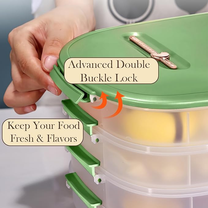 4-Layer Dumpling Storage Container – Freezer Organizer with Smart Timer, Good Sealing, Stackable Food Containers, Anti-Stick Base & Clip Lid (Green Lid & Transparent Box)