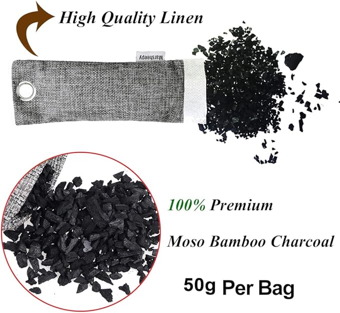Marsheepy 12 Pack Bamboo Charcoal Shoe Deodorizer Bags, Activated Charcoal Odor Absorber, Bamboo Charcoal Air Purifying Bags, Odor Eliminator for Shoes, Pets, Car, Closet (150g X 2 and 50g x 10)