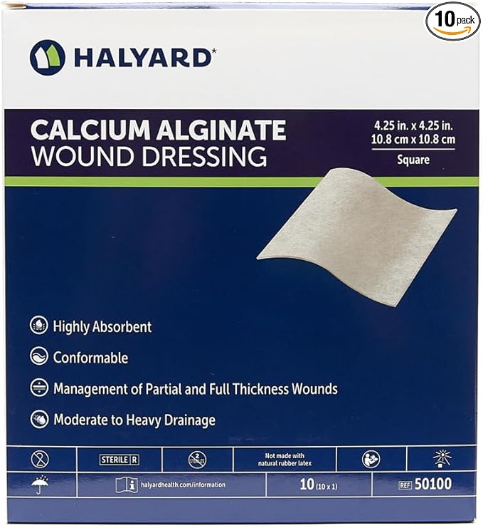 HALYARD Calcium Alginate Wound Dressing, Gentle Adhesive with Highly Absorbent Conformable Design, Maintains Structural Integrity 4.25 Inch x 4.25 Inch (Box of 10)