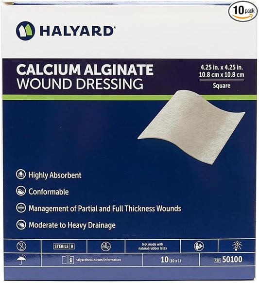 HALYARD Calcium Alginate Wound Dressing, Gentle Adhesive with Highly Absorbent Conformable Design, Maintains Structural Integrity 4.25 Inch x 4.25 Inch (Box of 10)