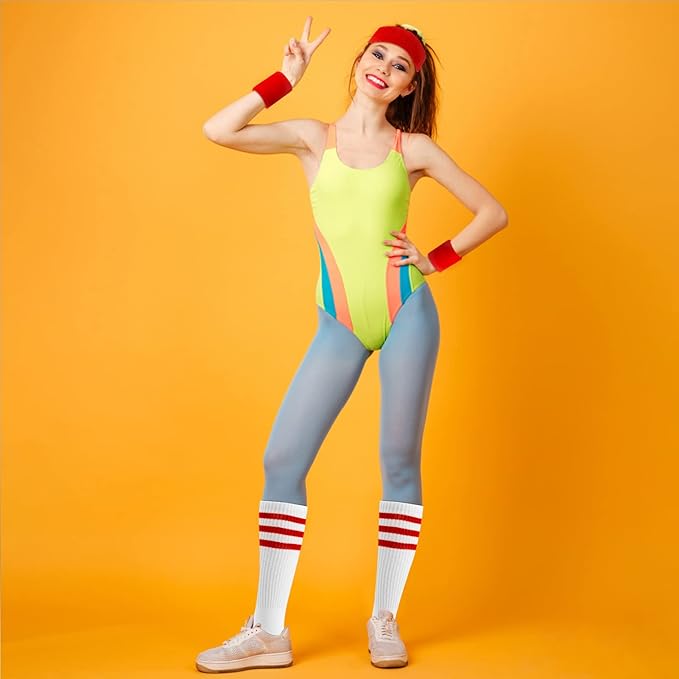 ONUPGO 5 Pieces Sweatbands Striped Socks Set Sports Headband Wristbands High Tube Socks 80s Accessories Costumes