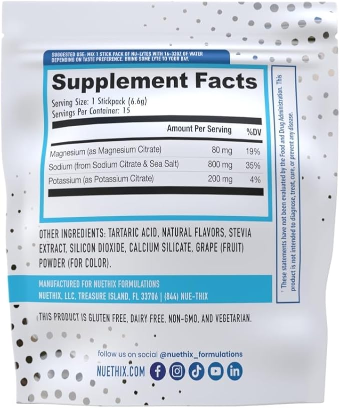 NuEthix Formulations NU-LYTES Electrolytes Hydration Packets, Zero Calories, Zero Sugar, Zero Carbs, Non-GMO, Electrolytes Powder Packets, Glycogen Replenishment, 15 Servings (Grape)