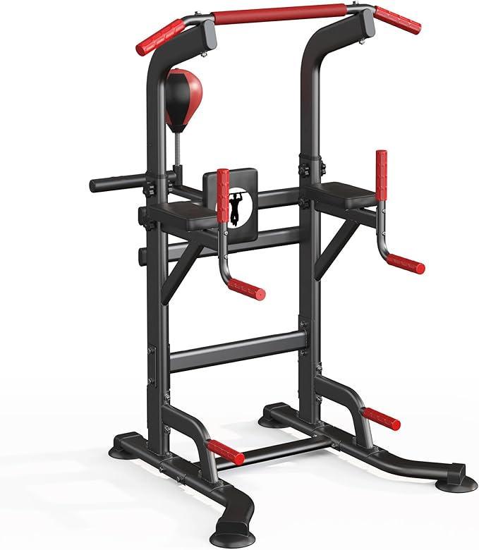 soges Pull Up Bar Dip Station, Power Tower with Boxing Speed Ball & Spinning Target, Adjustable Height Dip Stand Strength Training Fitness Workout Station, Assistive Trainer Pull Up Stand