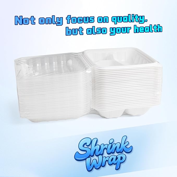 YANGRUI Plastic Containers 8" 34 oz 25 Pack - Reusable Fog Free Crystal Lid Technology | BPA Free PP Freezer & Microwave Safe Shrink-Sealed Takeout Box | White Restaurant 3 Compartment Food Container