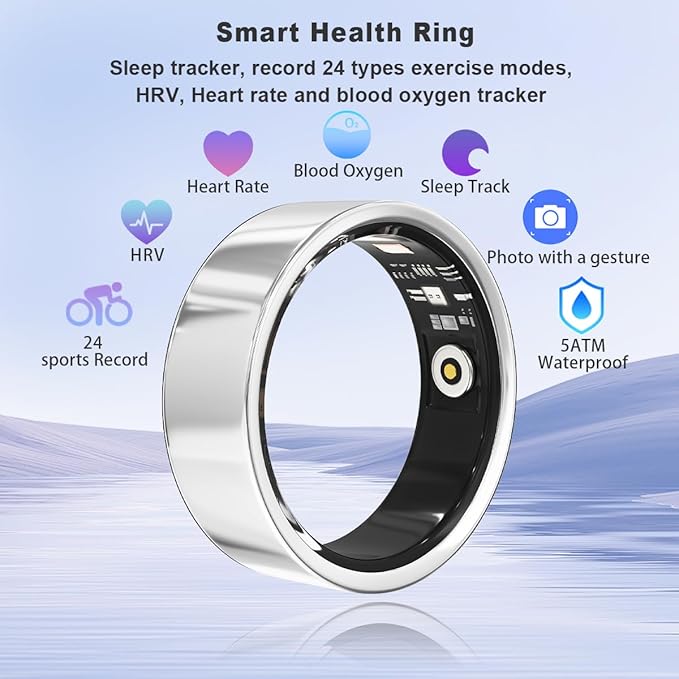 Smart Health Ring for Women Men Fitness Tracker with Heart Rate, Blood Oxygen, HRV, Sleep Monitoring, Step Counting, IP68 for iPhone and Android, No Subscription Fee (Silver, 9#)