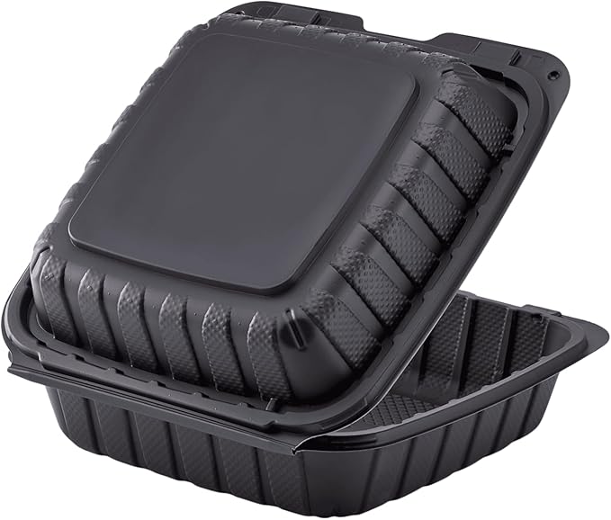 KARAT EARTH Clamshell Take Out Food Containers [8"x8" - 200 ct] To Go Containers | Microwavable, Freezer Safe, Soak-Resistant, Durable, Stackable | Vented for Hot/Cold Foods, Black