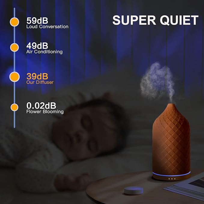 Essential Oil Diffuser for Home, Ceramic Aromatherapy Diffuser for Essential Oils, 120ml Oil Diffuser with Waterless Auto-Off and 7 LED Lights for Large Room Yoga Spa (Terracotta)