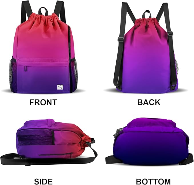 Drawstring Backpack with Mesh Pockets String Gym Bag Sackpack Sandproof Water Resistant Beach Backpack for Men Women