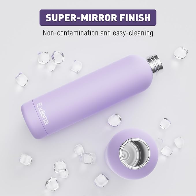 Slim Insulated Water Bottles for Travel 32oz with Clip, Double Wall Vacuum Stainless Steel Water Bottle Keeps Drinks Cold 24 Hrs/Hot 12 Hrs, 100% Leakproof, BPA Free(Purple)