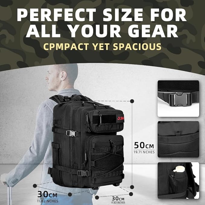J.SH 45L Large Capacity 3-Day Tactical Backpack, Waterproof & Tear-Resistant, MOLLE System, Adjustable Straps (chest strap and waist strap), Hiking Backpack for Men & Women - Black