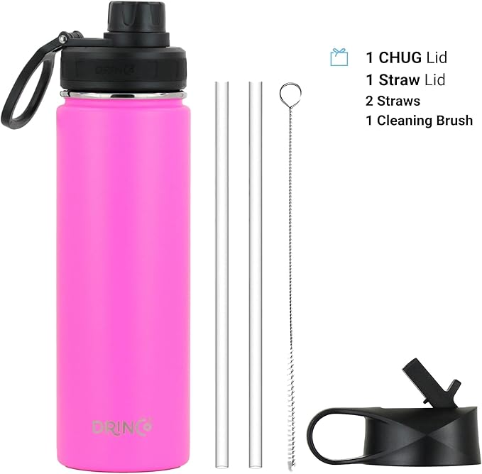 DRINCO Stainless Steel Water Bottle Spout Lid Vacuum Insulated Double Wall Water Bottle Wide Mouth (40oz 32oz 22oz 18oz 14oz) Leak Proof Keep Cold Sport Camping Hiking (22 oz, 22oz Island Pink)