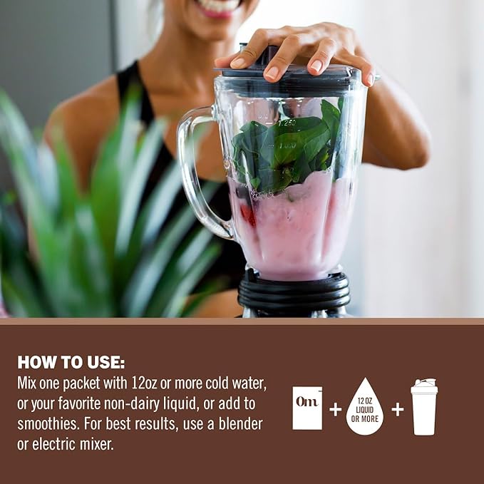 OM MUSHROOM SUPERFOOD Master Blend Mushrooms & Adaptogens, Creamy Chocolate Plant Protein, Single Serve, 10 Count, 10 Mushroom Complex, Lion's Mane, Ashwagandha, Stress Relief, GLP-1 Support