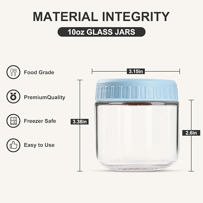 Overnight Oats Containers with Lids, 10oz Glass Jars with Lids 2 pcs, Light Blue, Wide Mouth Mason jars for Salad, Yogurt, Snacks, Meal Prep
