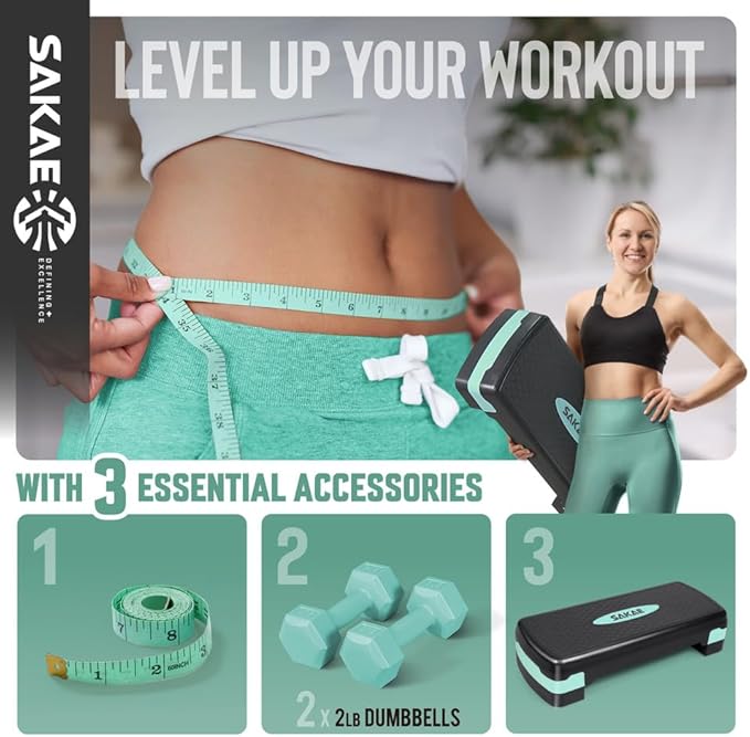 Adjustable Height Aerobic Stepper Set, Multiple Bundle Options with Dumbbells, Kettlebell, Waist Trimmer, Ankle Weights or Weighted Vest, Workout Exercise Step Platform w/Level Risers, 4 Colors